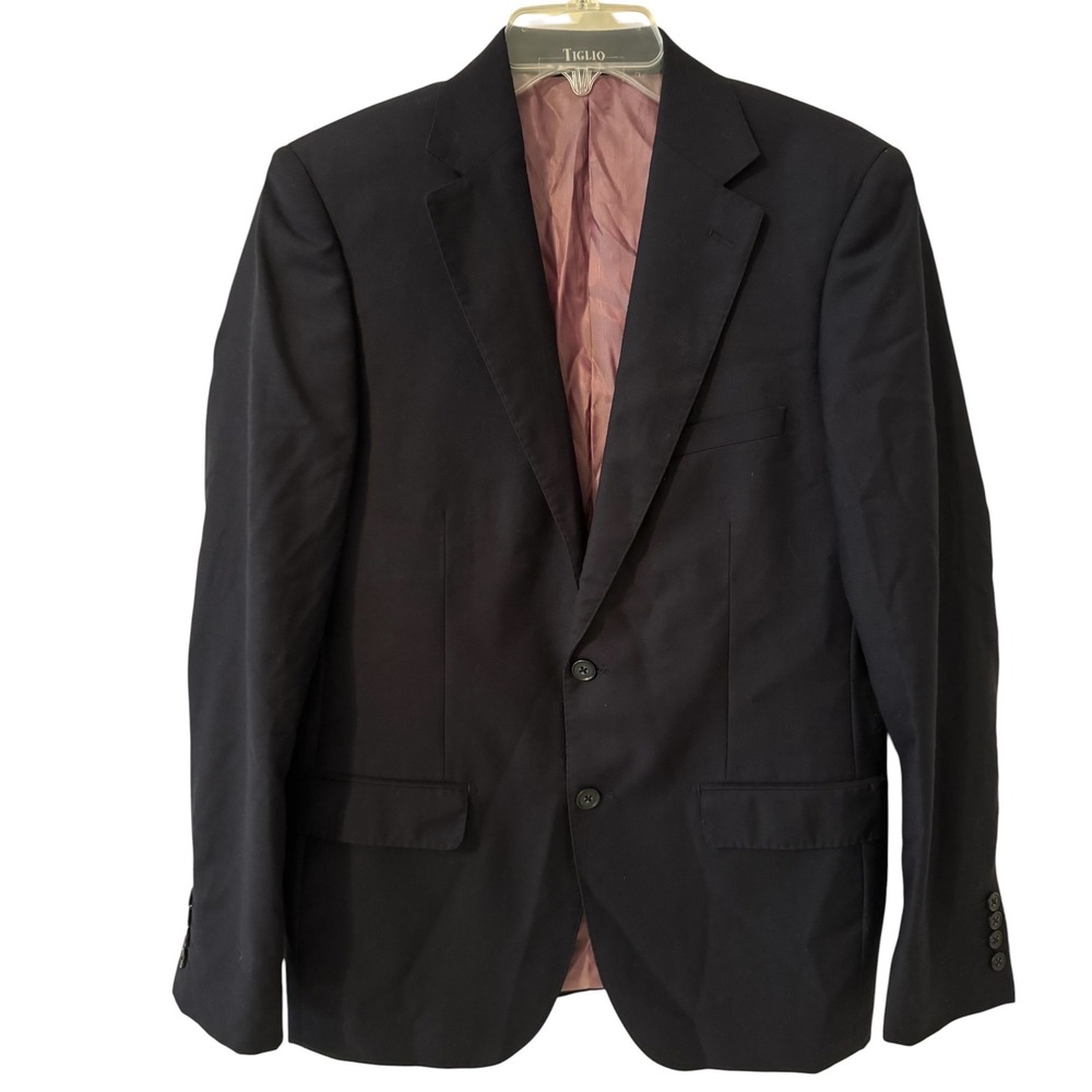 Tiglio Luxe Mens Navy Blue Two Button Blazer Sport Coat Tailored Wool 40R